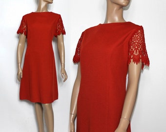 Vintage 1960s Dress //Rust // Polyester // Lace Sleeves // Cording // 60s Polyester Dress