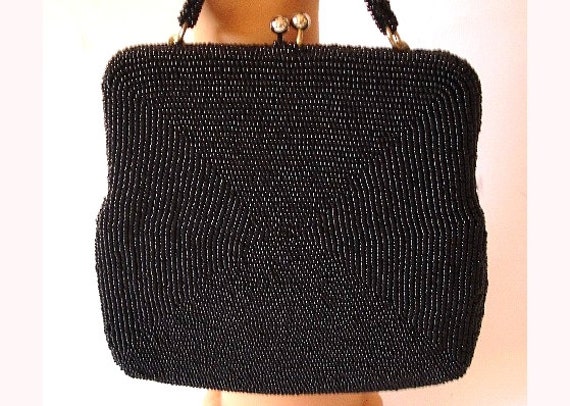 Vintage 1950s Purse Handbag Black Beaded Femme Fa… - image 2