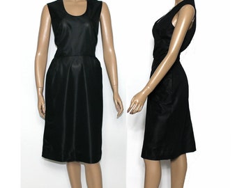 Vintage 50er Jahre Kleid// Schwarz// Seiden- Faille mit Vordertaschen// Tiefer Ausschnitt// Transparent// Wackelkleid// Cocktailparty// 50s Marilyn Monroe Kleid