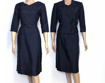 Vestido vintage anos 50 azul marinho com jaqueta totalmente forrada com laços Pinup Bombshell Office