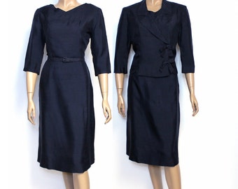 Vintage 1950s Dress Navy Blue With Jacket Fully Lined With Bows Pinup Bombshell Office