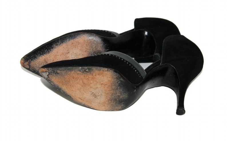 Vintage 1950s Shoes Black Suede Leather Stiletto Heels Designer Fiancees Ornate 50s Heels image 7