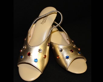 Vintage 1960s Shoes Rhinestone Slingbacks Gold Vinyl Deadstock Pinup Bombshell Pool Party Garden Party Rockabilly Mad Men Retro Platform