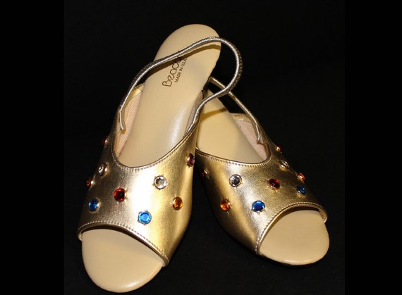 Vintage 1960s Shoes Rhinestone Slingbacks Gold Vi… - image 1