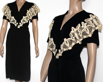 Vintage 1940s Dress.  Black with Lace Collar Draped Front Panel Designer Benham Original Rayon 40s Dress