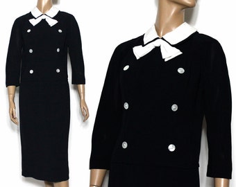 Vintage 1940s Dress// Black Rayon// Original  Montego//White Collar//Neckline Bow//Button Front//Fully Lined//