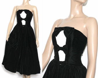 Vintage 1990s// Dress //Designer //Black Velvet  //Hollywood // Texedo Front// Big Bows// Cocktail Party// Femme Fatale// Strapless //