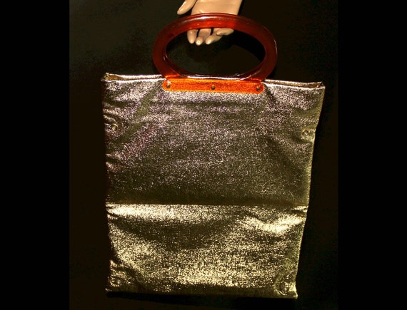 Vintage 1960s Purse Gold Handbag Tote Bag Garden … - image 2