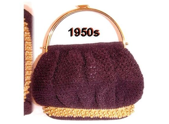 Vintage 1950s Purse Brown Crocheted Designer Handbag Mad Man Collectible Garden Party Rockabilly Retro Dress Designer VLV