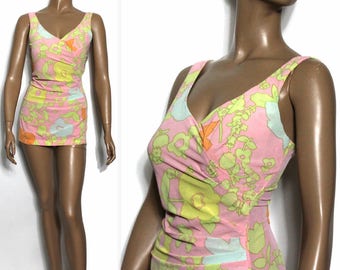 Vintage //1960s Swimsuit //Vintage Bathing Suit// 60s swimsuit//  Designer Sand Castle// Sarong Waist//VLV Pool Party// 1960s Swim// Pink//