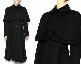 1940s Princess Coat// Black// Wool// Attached Cape// Faux Curly Lamb// Shoulder Pads// Glass Buttons// 40s Black Coat//40s Swing Coat