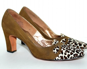 Vintage 1970s Pumps - Suede Leather Faux Cheetah Shoes By "Sohari" Brown Leather Suede Heels Designer 70s Pumps