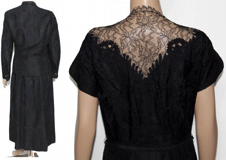 Vintage 1940s Dress //Black Lace// Designer //Lace Jacket// Rhinestones// Cocktail Dress // Fully Lined// 1940s Black Lace Dress// image 2
