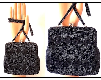 Vintage 1950s Purse Handbag Black Beaded Femme Fatale Garden Party Cocktail Dress Rockabilly Mad Man Prom Designer Old Hollywood