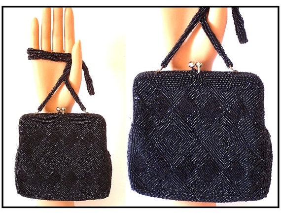Vintage 1950s Purse Handbag Black Beaded Femme Fa… - image 1
