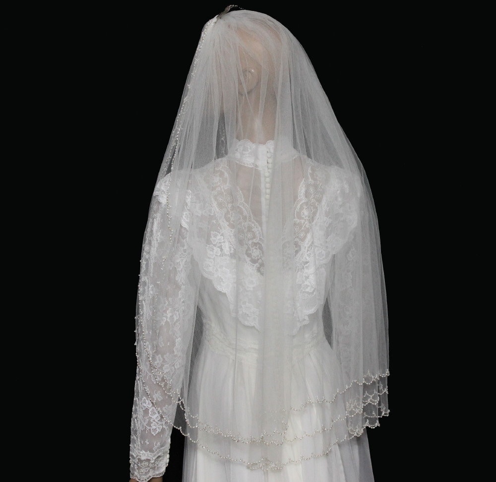 Vintage 1980s Wedding Veil Bridal Veil Beaded White Veil Two Layer With