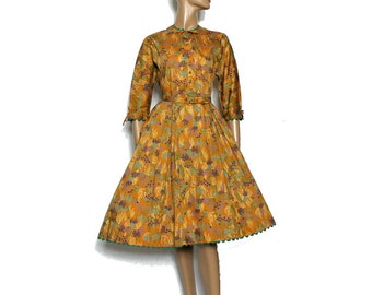 Vintage 1950s Dress //50s Dress/Floral//Rick Rack Trim//Full Skirt //Rockabilly//Party Dress