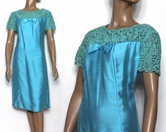 Vintage 1960s Dress - Blue - Green Lace chest with faux Pearls - Shift Dress - Bodice Bow - Cute -  Rockabilly Garden Party 60s Blue Dress