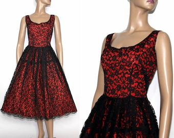 Vintage 1950s Dress.  Red Satin with Black lace Full Skirt Wonderful Party Dress Small Beautiful 50s Dress