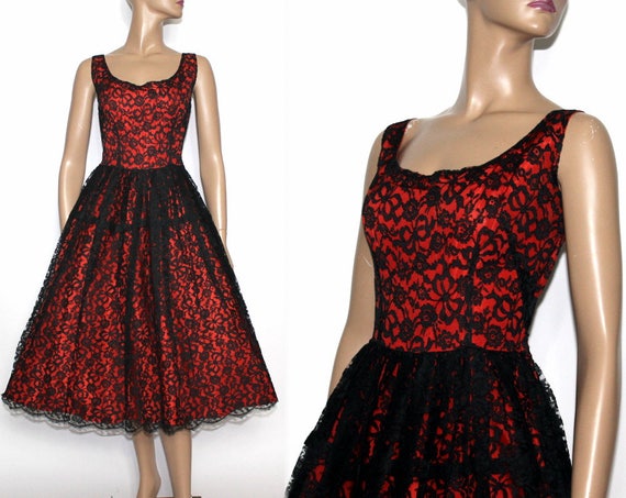 Vintage 1950s Dress.  Red Satin with Black lace F… - image 1