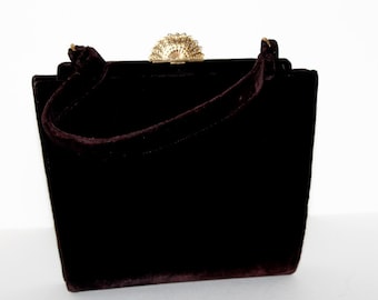 Vintage Purse//1940s//Velvet//Dark Brown//Fan Clasp//Designer Lewis//Coin Purse and Mirror// Handbag
