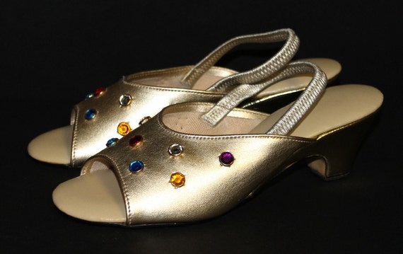 Vintage 1960s Shoes Rhinestone Slingbacks Gold Vi… - image 2