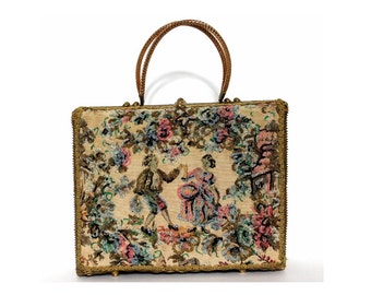 Vintage Purse// Original  Midas of Miami // Beaded// Victorian Graphic// Gold// Satin Lined// Big Purse