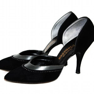 Vintage 1950s Shoes Black Suede Leather Stiletto Heels Designer Fiancees Ornate 50s Heels image 1