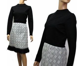 Vintage 1960s Dress// Polyester// 60s Dress//Black//Gray//Black Fringing//Mod Dress//S/M Dress//