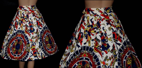 Vintage 1950s Skirt Full Circle Tribal Print Cotton Retro Rockabilly Cup Cake Garden Party Swing Jive Mad Men Dress View 3