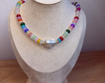Confetti Pearl Necklace | Colorful Glass Bead Necklace | Freshwater Baroque Pearl | 18k Gold Plated Stainless Steel | Coastal Jewelry