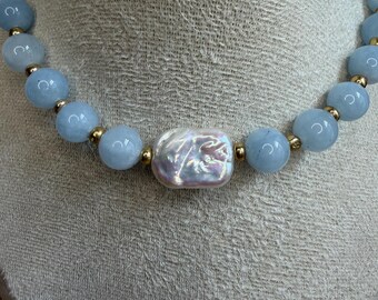 Pearl Statement Necklace | Blue Freshwater Pearl Beaded Choker, Gold Accent Choker, Coastal Pearl Jewelry