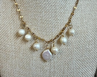 Pearl Cascade Necklace | Freshwater Pearl Charm Necklace, Gold Pearl Drop Necklace, Baroque Pearl Necklace, Handmade Pearl Jewelry