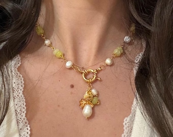 The Driftwood Necklace - Lime Citrus | Freshwater Pearl Toggle Necklace, 14K Gold Plated Clasp, Coastal Jewelry