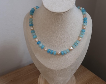 The Selene Necklace - Ocean Pearl | Blue and Pink Freshwater Pearl Beaded Choker, Gold Accent Choker, Coastal Pearl Jewelry