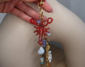 Lobster Bag Charm Keychain, Coastal Fish Purse Charm, Gold Beachy Bag Jewelry