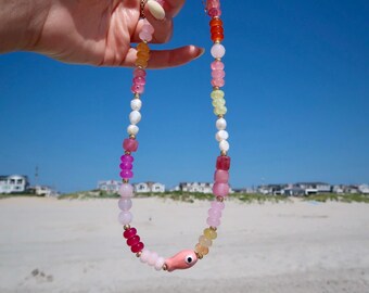 The Amalfi Necklace - Pink Sunset | Handmade Porcelain Fish Bead Necklace | Coastal Cute Jewelry |  Summer Beach Jewelry