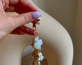 Blue Coastal Bag Charm Keychain, Seashell Purse Charm, Ocean Inspired Bag Jewelry
