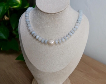 The Cove Necklace – Mist Blue | Freshwater Pearl Beaded Choker | Blue Stone Coastal Jewelry | Handmade Summer Necklace
