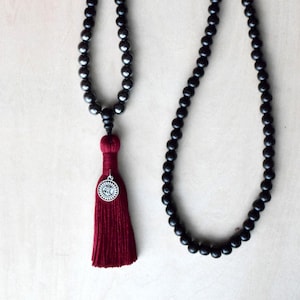 Boho Mala Bead Necklace: Black Wood, Hematite, Tassel