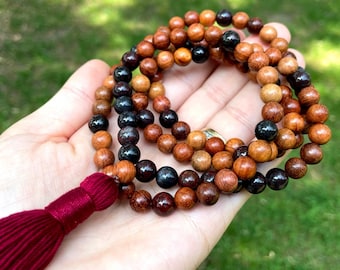 Tassel Mala Necklace: Mahogany Obsidian & Wood Prayer Beads