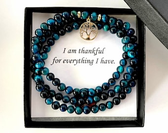 Blue Tiger Eye Mala Bead Necklace: 18k Gold Charm, Yoga Prayer Beads