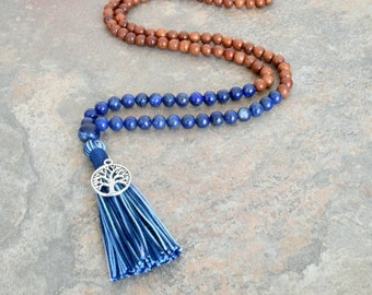 TASSEL NECKLACE, Beaded necklace, Mala beads, Mala prayer beads, Boho tassel natural tan Mala bead necklace / Long wooden beaded necklace