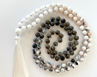 Colar Mala de Jaspe Zebra Rosa: Borla em Prata de Lei, Joias para Yoga