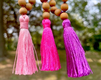 Boho Tassel Mala Necklace: Long Knotted Wood Beads, 39 Inch