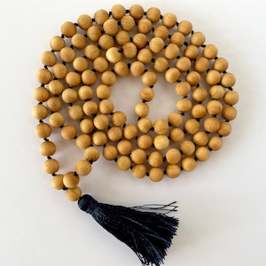 Boho Tassel Mala Necklace: Long Knotted Wood Beads