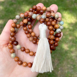 Boho Tassel Mala Bead Necklace: Emperor Jasper, 108 Beads