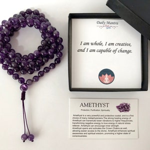 Amethyst 108 Mala Bead Necklace: Knotted Prayer Beads, Stress Relief