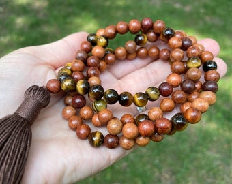 Tiger's Eye Mala Bead Necklace: Boho Wood Tassel Prayer Beads