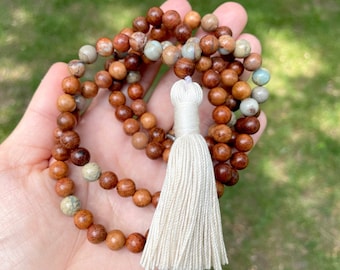 Boho Tassel Mala Bead Necklace: Emperor Jasper, 108 Beads
